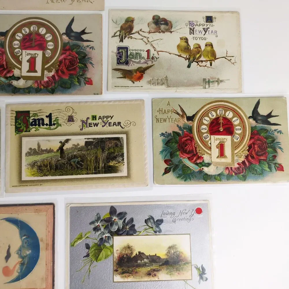 Lot 12 Antique Early 1900s Birds Landscape New Year Greeting Card Postcards Deco